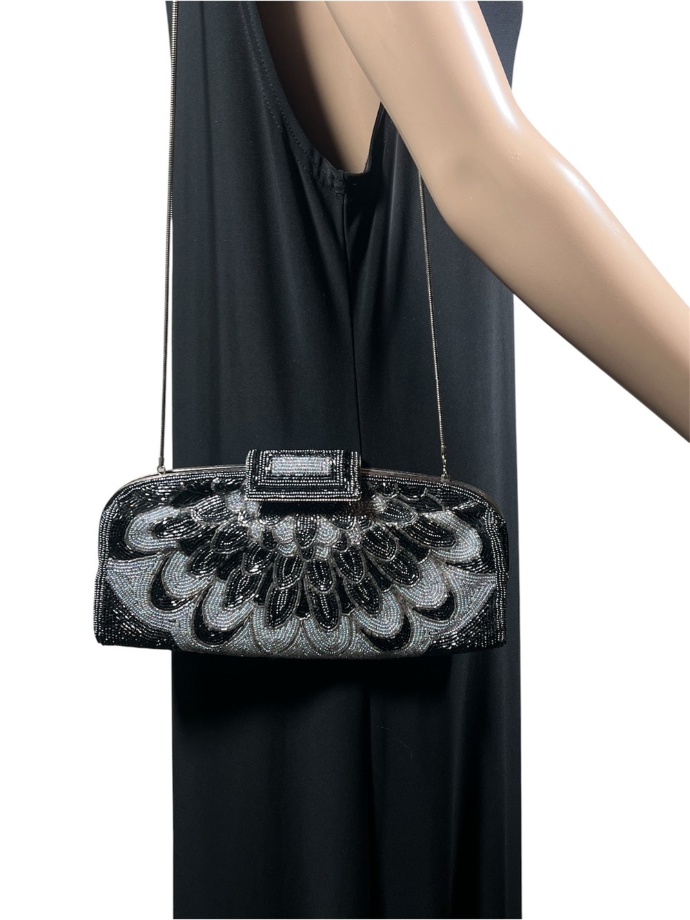 Sharmark Las Vegas Vintage Black Silver Beaded Clutch Purse Shoulder Bag
